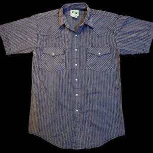 Vintage Key Button Down Pearl Snap Short Sleeve Mens Cowboy Gray Railroad Stripe